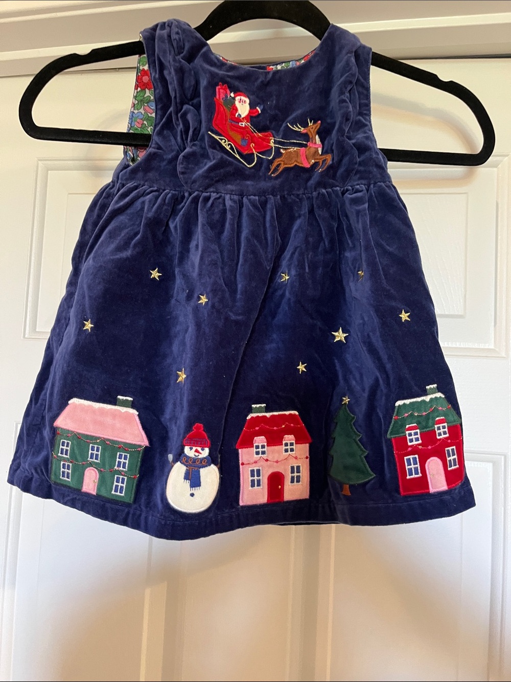 Baby Boden Navy Velvet Holiday Appliqué Dress with Festive Houses